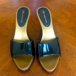 Anne Klein. Patent leather, wedge heels with leopard print.